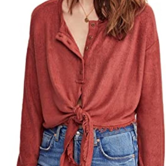 Free People Tops - Free People Burnt Orange Emma's Henley Tie Top